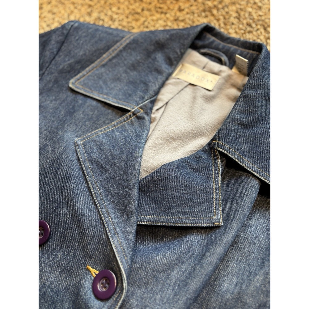 Paradox Womens Denim Long Jacket Chore Coat Loose Med Long Sleeve Purple Buttons